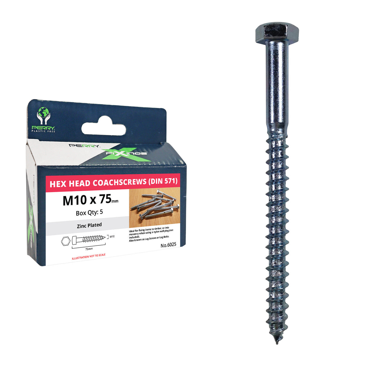 Coach Screw, Hex Head M10x75 - Pack of 5