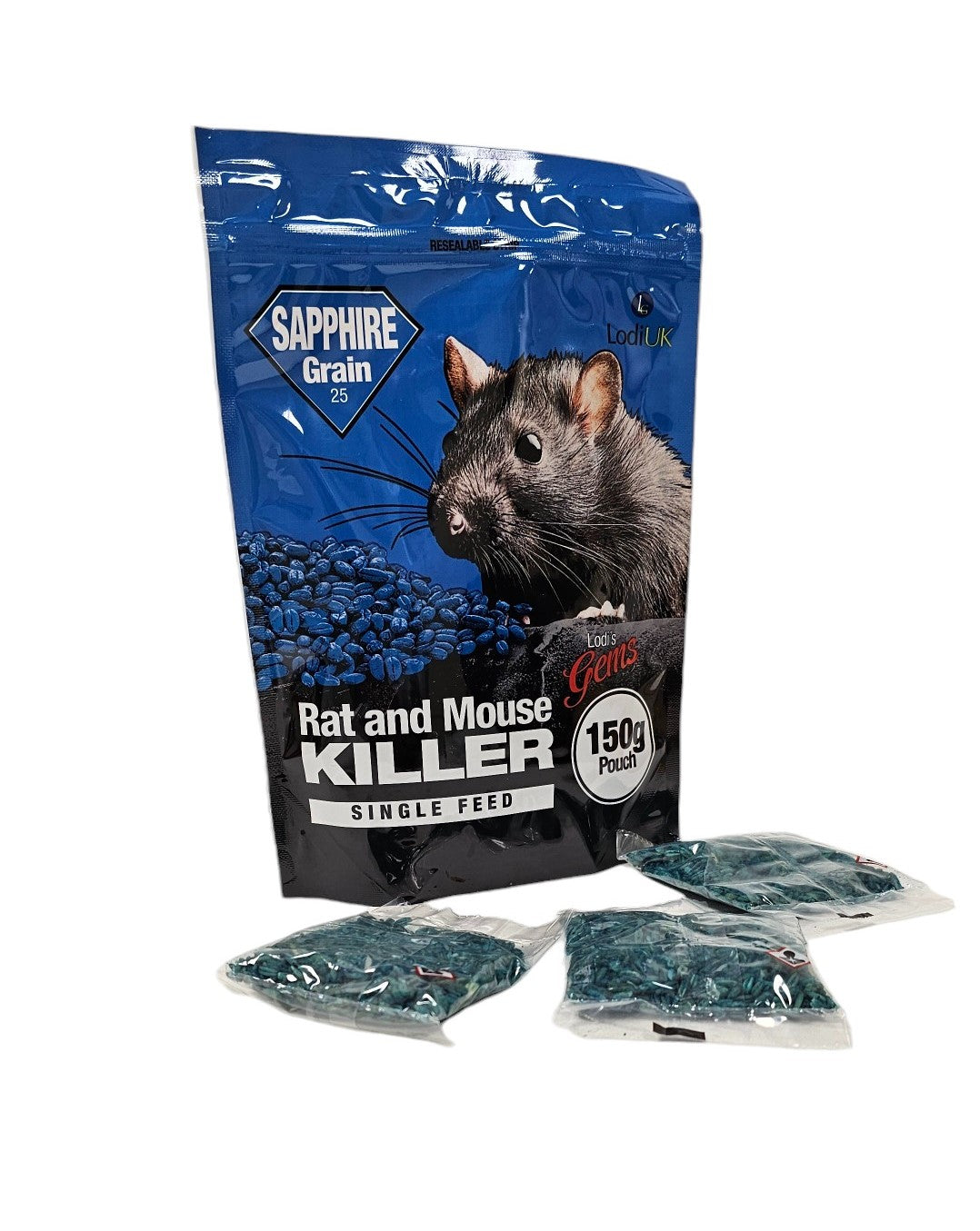 Sapphire Grain 25 - A 150G Pouch of 25g Sachets with a Mix of Whole & Cut Wheat Brodifacoum Based Bait