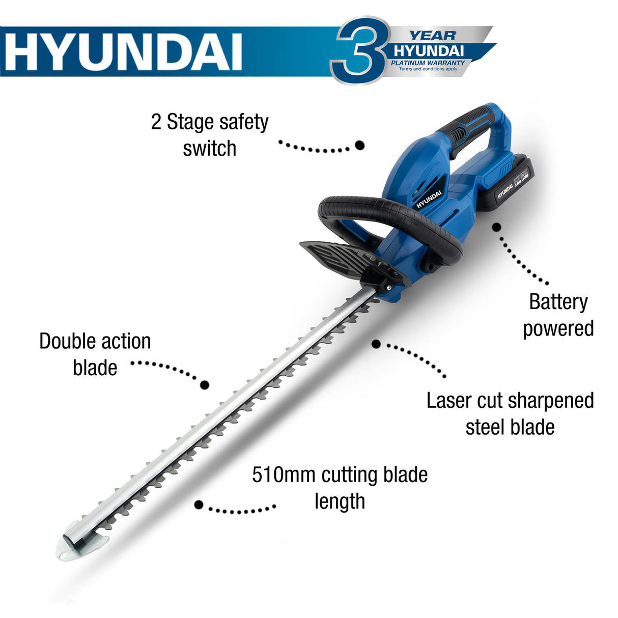 Hyundai 20V Li-Ion Cordless Hedge Trimmer - Battery Powered | HY2188