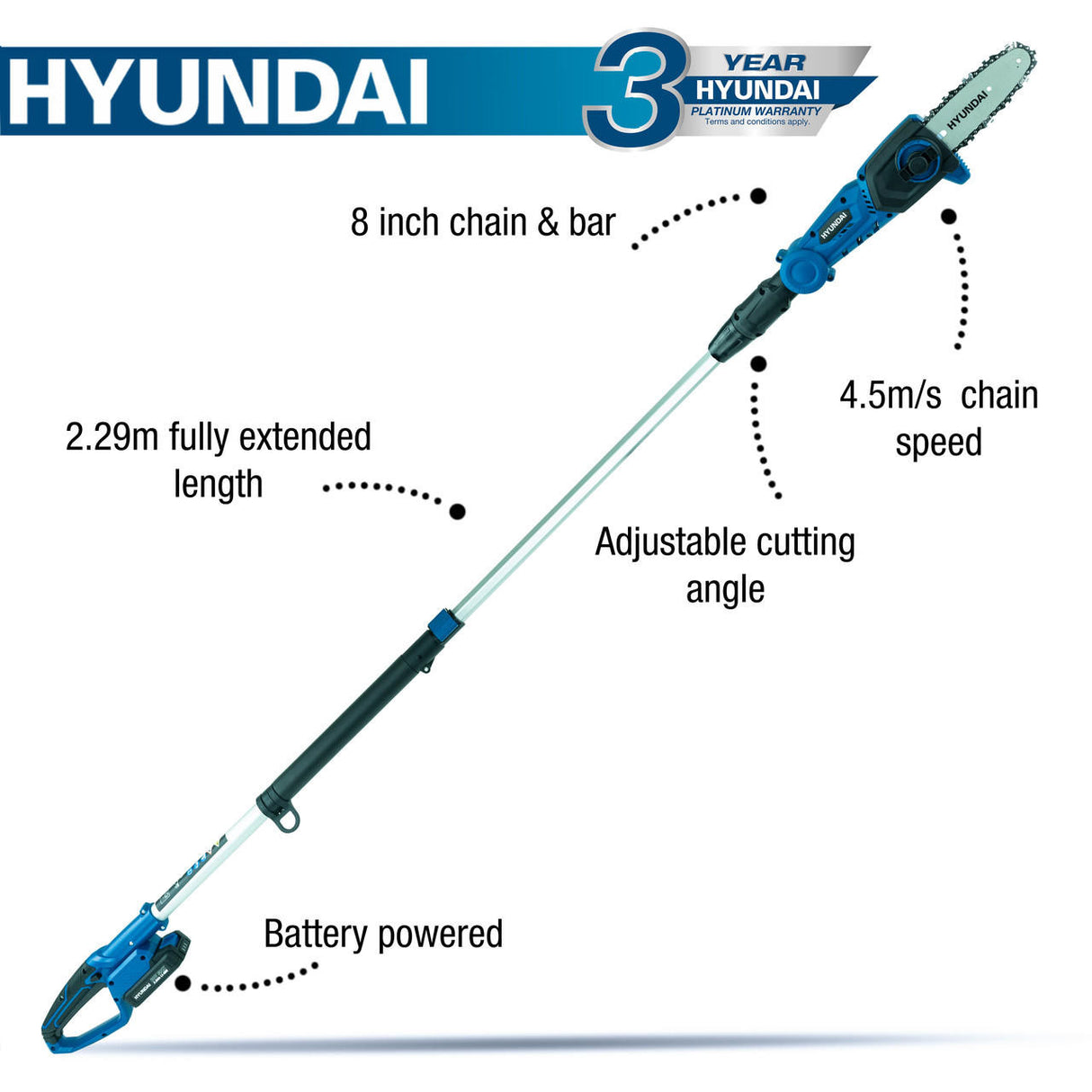 Hyundai 20V Li-Ion Cordless Pole Saw / Pruner - Long Reach Battery Powered Pole Saw | HY2192