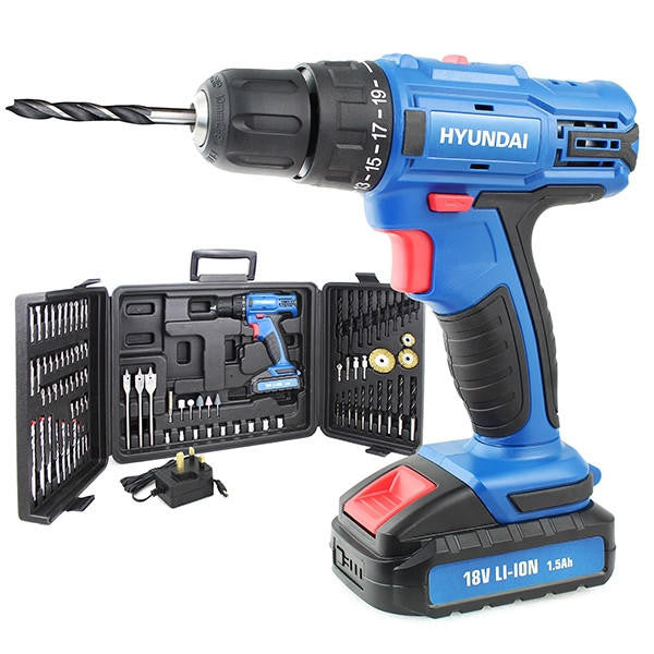 Hyundai HY2175 18v Li-Ion Cordless Drill Driver Includes 89 Drill Bit Accessories & Carry Case