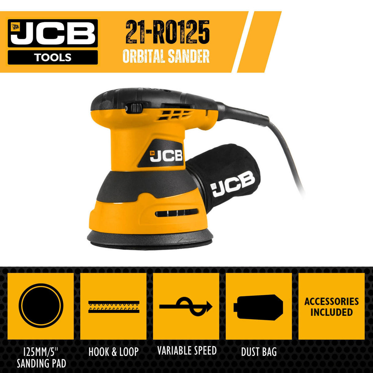 JCB Corded Electric Random Orbital Sander 125mm 240W | 21-RO125