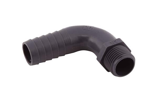 ½" M x 20mm Hose Tail, Polypropylene, 90º Elbow, Male thread x hose tail